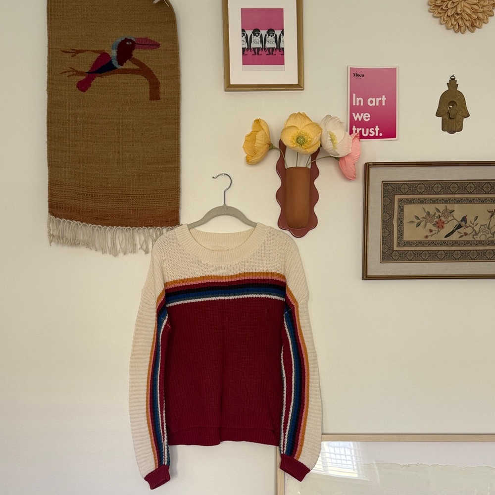 Surfer Girl Vibes Cream and Burgundy Striped Crewneck Sweater - Women's